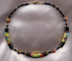 Klimt Style, Gold Foil and Millefiori Black Murano Glass, Curved Venetian Bead Necklace